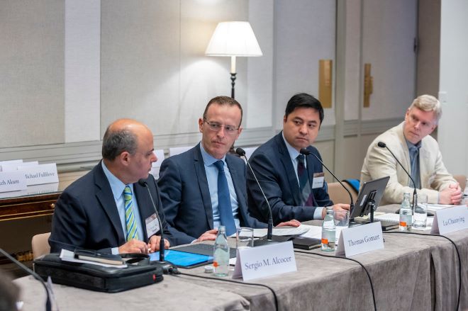 Sergio M. Alcocer, Thomas Gomart, Lu Chuanying, and Paul Samson during the session The Governance of Artificial Intelligence (Howard Heyman).